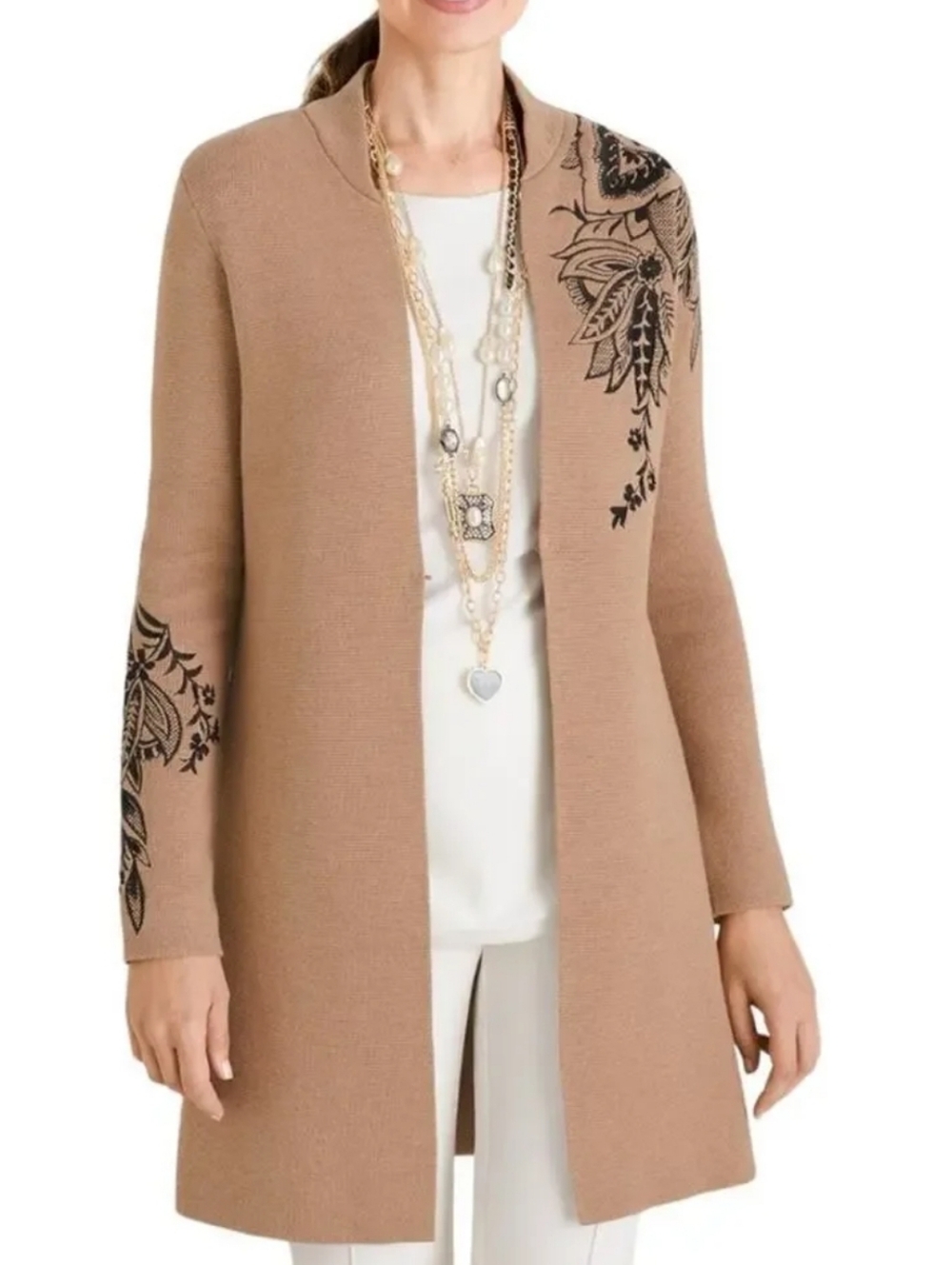 Chico's Tan Knit Black Floral Embroidered Open Front Longline Cardigan Sweater